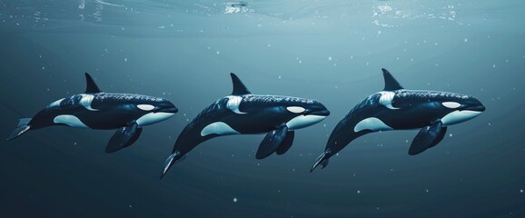 Three Orcas Or Killer Whales In A Row,High Resolution, Ultra HD