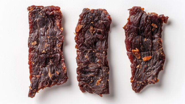 Three jerky pieces on white surface Top view Individual item