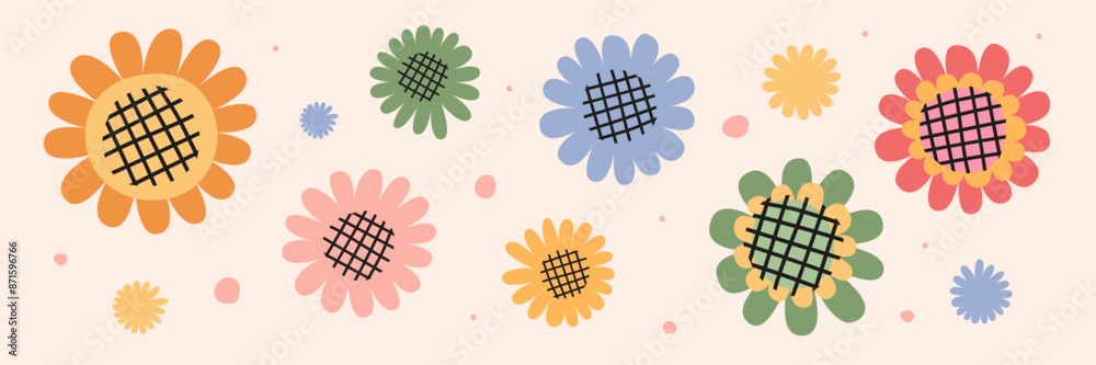 Poster pattern with flowers in children's style. decorative plants on a light isolated background. template