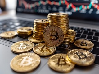Stacks of Bitcoin coins placed on a laptop keyboard