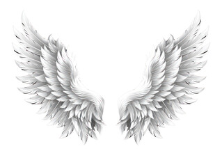 Obraz premium Two white angel wings with feathers spread open against a transparent background. PNG