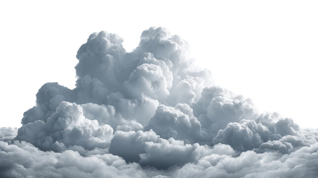 White fluffy clouds gather in a large mass in the sky isolated on a transparent background. PNG