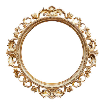 A round, gold-colored frame with ornate details isolated on a transparent background. PNG