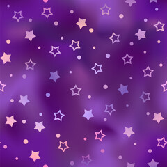 Holographic star seamless pattern. Vector shiny print with neon stars on purple gradient background. Magic iridescent repeat texture with sparkles.