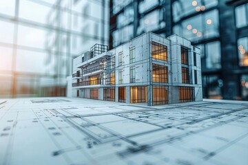 Chalkboard architect drafting building side view highlighting architectural details scifi tone Tetradic color scheme