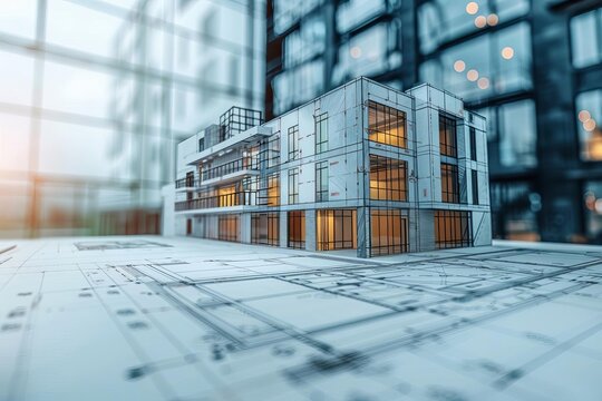 Chalkboard architect drafting building side view highlighting architectural details scifi tone Tetradic color scheme