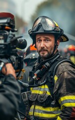 Obraz premium A firefighter in full gear, looking intently at the camera. His face shows determination and focus. The photo captures the courage and bravery of firefighters.