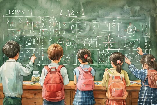Children in school uniforms writing on a chalkboard, solving math problems. Learning environment and education concept.