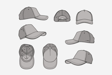 2d illustration of cap. Outline vector image set. Front, back, top, bottom, side and perspective view.