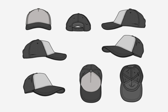 2d illustration of cap. Outline vector image set. Front, back, top, bottom, side and perspective view.