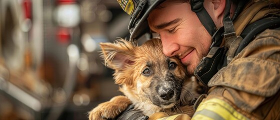 Firefighter comforting a rescued pet, firefighter, comforting pet, rescue, Compassionate moment