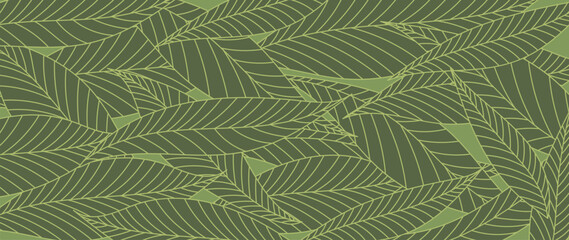 Abstract green foliage line art vector background. Leaf wallpaper of tropical leaves, leaf branch, plants in hand drawn pattern. Botanical jungle illustration for banner, prints, decoration, fabric.