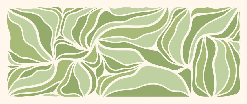 Abstract botanical art green background vector. Natural hand drawn pattern design with leaves branch collage. Simple contemporary style illustrated Design for fabric, print, cover, banner, wallpaper.