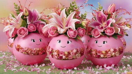 Pink entourage balls with a bouquet of flowers