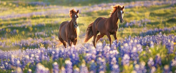 Two Brown Horses Running Through A Field Covered In Violet Bluebonnet Flowers In Texas,High Resolution, Ultra HD