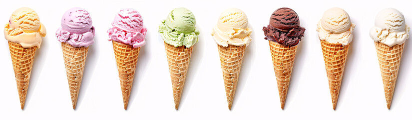 Assorted ice cream on waffle cone flavors isolated on white background. Perfect for summer treats.