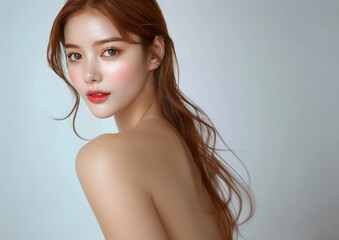 Naklejka premium Beautiful young woman with smooth, flawless skin A glowing face and body Fashion styles are ideal for advertising cosmetics and skincare products. It captures the beauty and elegance of nature.