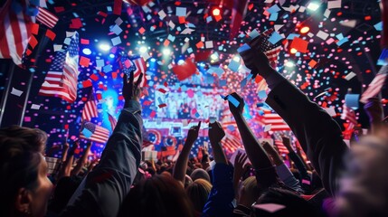 Vibrant Election Night Celebration with Diverse Supporters Cheering in Festive Atmosphere under Night Sky with Copy Space, Political Rally Success Event