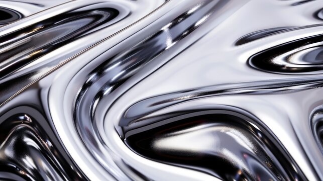 Silver metal fluid, glossy flowing chrome mirror water effect liquid abstract background 