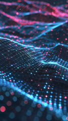 Internet Cyber big data flow. data fields. Network line connect stream. Concept of AI technology, digital background Dynamic particles sound wave flowing over dark. illustration wallpaper.