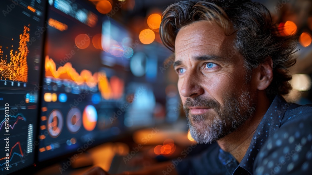 Poster middle-aged man monitoring financial data. middle-aged man with a beard, intently monitoring financi