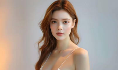Beautiful young woman with smooth, flawless skin A glowing face and body Fashion styles are ideal for advertising cosmetics and skincare products. It captures the beauty and elegance of nature.