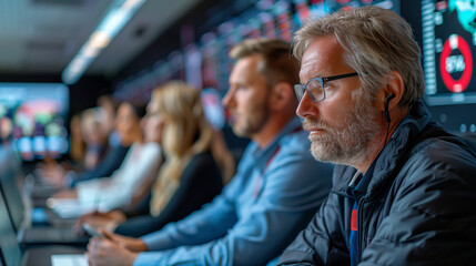 Business Meeting in High-Tech Control Room. Group of professionals focused in a high-tech control room, analyzing data on screens during a business meeting.