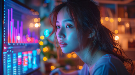 Young Woman Analyzing Data on Screen. Young woman with a serious expression analyzing data on a computer screen, illuminated by colorful neon lights.