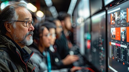 Senior Man Monitoring Data in Control Room. Elderly man with glasses attentively monitoring data on screens in a busy control room environment.
