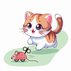 A cute ginger and white cat is chasing a toy mouse. Vector illustration in a flat style.