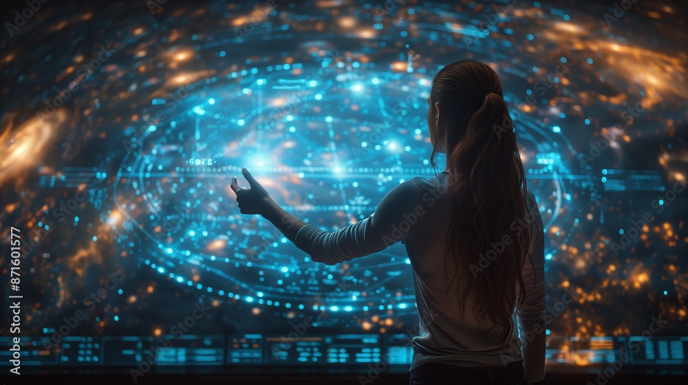 Poster woman interacting with large digital screen. woman with a ponytail interacts with a large digital sc