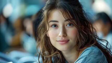 Young Woman Smiling in Classroom. Young woman with a warm smile and wavy hair sitting in a bright classroom with blurred classmates in the background.