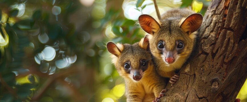 Two Ring-Tailed Possums Clinging To A Tree,High Resolution, Ultra HD