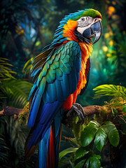 Obraz premium In the lush depths of the tropical jungle, a majestic macaw perches proudly amidst a canopy of vibrant foliage. 