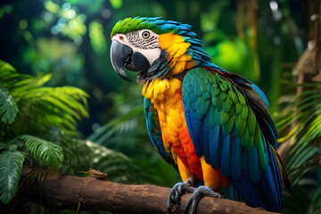 Obraz premium In the lush depths of the tropical jungle, a majestic macaw perches proudly amidst a canopy of vibrant foliage. 