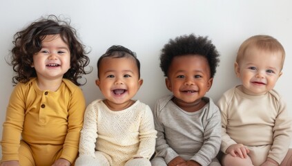 Four adorable babies are sitting next to each other and smiling, each wearing different colored outfits, creating a heartwarming and joyful scene on a white backdrop.