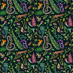 Watercolor fantasy forest seamless pattern with mushrooms, ferns, leaves, herbs and snakes. Hand painted forest background.
