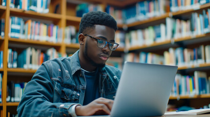 Male student working on a laptop in a modern library