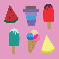 A set of summer goodies. Vector set on the theme of ice cream, watermelon slices and melons.