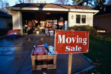 Red Moving Sale Sign in Front of Garage