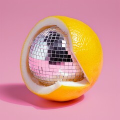 An imaginative fusion of a lemon and a disco ball, with the fruit split open to reveal a reflective disco sphere inside, set against a striking pink background, merging zest and groove.