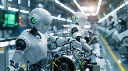 Robots Working in Assembly Line at Modern Factory generated with AI