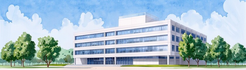 A business school building with modern architecture, watercolor, bright, detailed