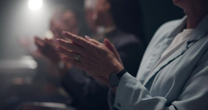 Applause, praise and hands of business people at seminar for achievement, announcement or promotion. Team building, men and women celebrate company success in dark conference room for presentation