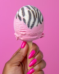 A close-up of a hand holding a pink ice cream with zebra stripes on a wooden stick, positioned in front of a pink background, creating a visually striking and appetizing summer image.
