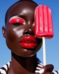 A stunning red ice cream bar on a stick is held by a hand against a clear blue skyline, evoking a fresh and vibrant summer day mood, perfect for warm weather cravings.