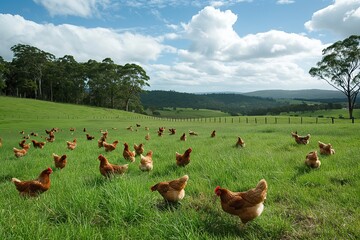 Fototapeta premium Free-range chickens in a green field under a blue sky with clouds.