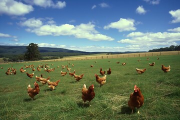 Free-range chickens roaming on a sunny day in a wide green field.