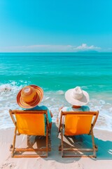 Couple enjoying the sunny day, sitting on beach chairs by the turquoise ocean, wearing colorful hats, experiencing relaxation and companionship at the serene seaside.