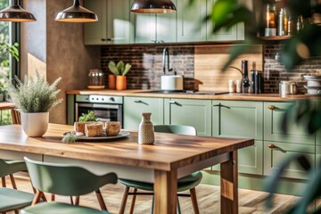 Blurred view of modern kitchen with white furniture with wooden table
